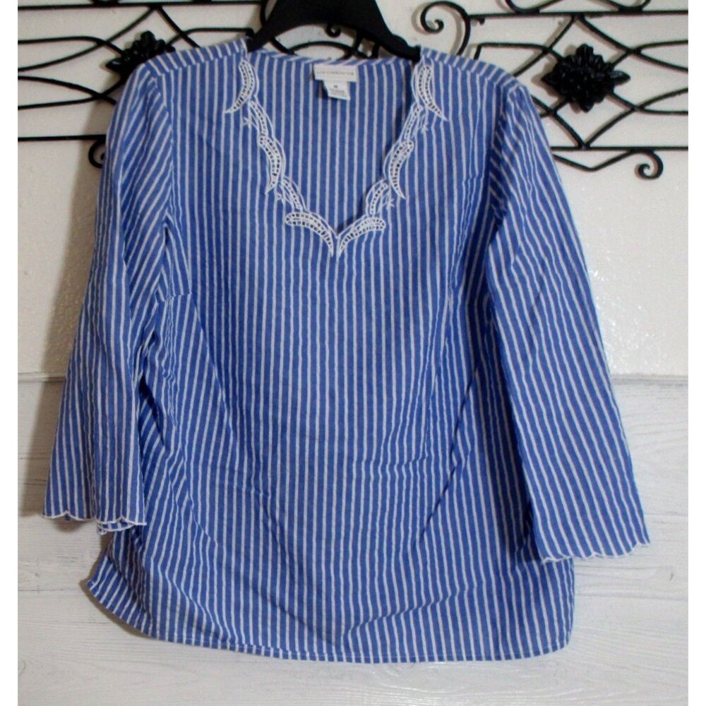 Liz Claiborne Blouse Women's Size M Long Sleeve Blue Striped V Neck